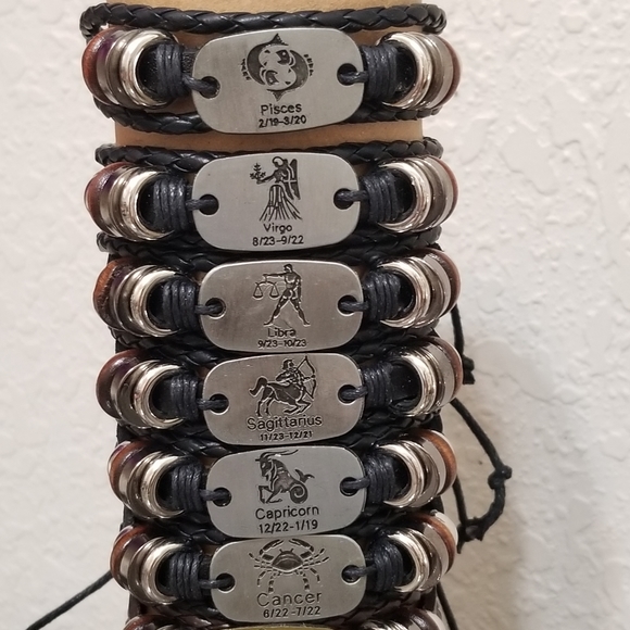 Zodiac Sign Leather Adjustable Bracelet Unisex New - Picture 3 of 12